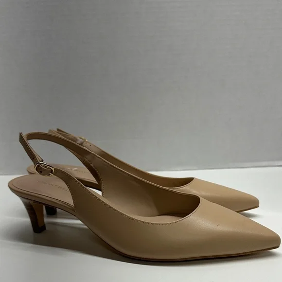 Stuart Weitzman Mara 50 Leather Slingback Kitten Heels Pump Shoes Beige Size 7.5 - Picture 3 of 9